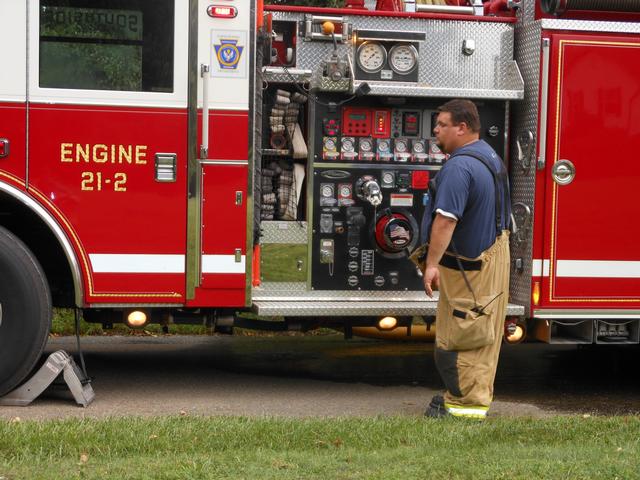 Past Chief Sam Terry pumps Engine 2 at an incident in Rising Sun.